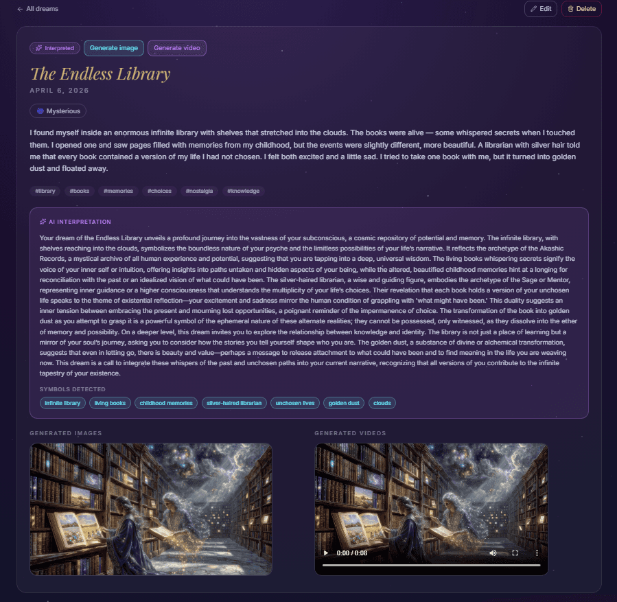 Dream card with interpretation and media generation
